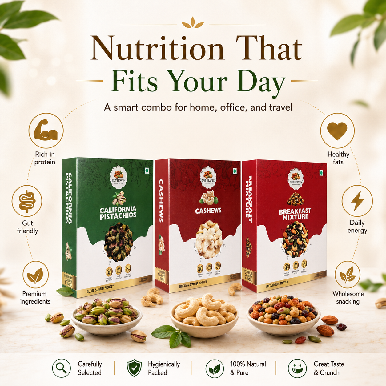 Nut Heaven Pistachios 500g + Cashews 500g + Breakfast Mix 500g | Luxury Snack Combo | Premium Nutrition Pack