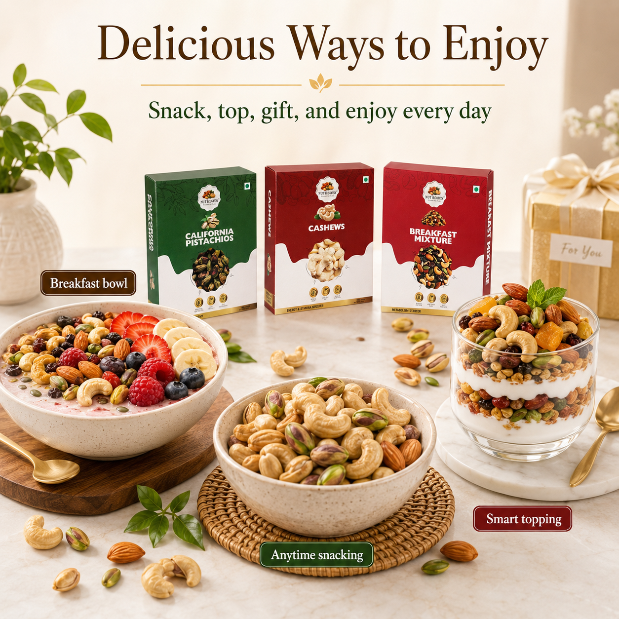 Nut Heaven Pistachios 500g + Cashews 500g + Breakfast Mix 500g | Luxury Snack Combo | Premium Nutrition Pack
