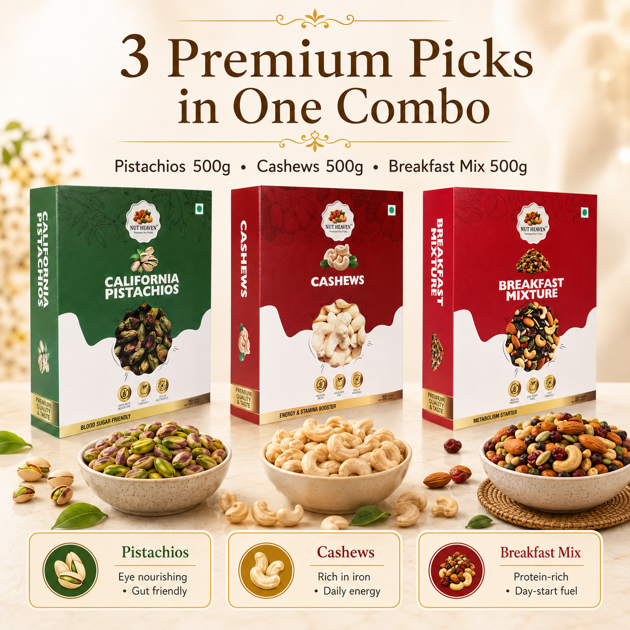 Nut Heaven Pistachios 500g + Cashews 500g + Breakfast Mix 500g | Luxury Snack Combo | Premium Nutrition Pack