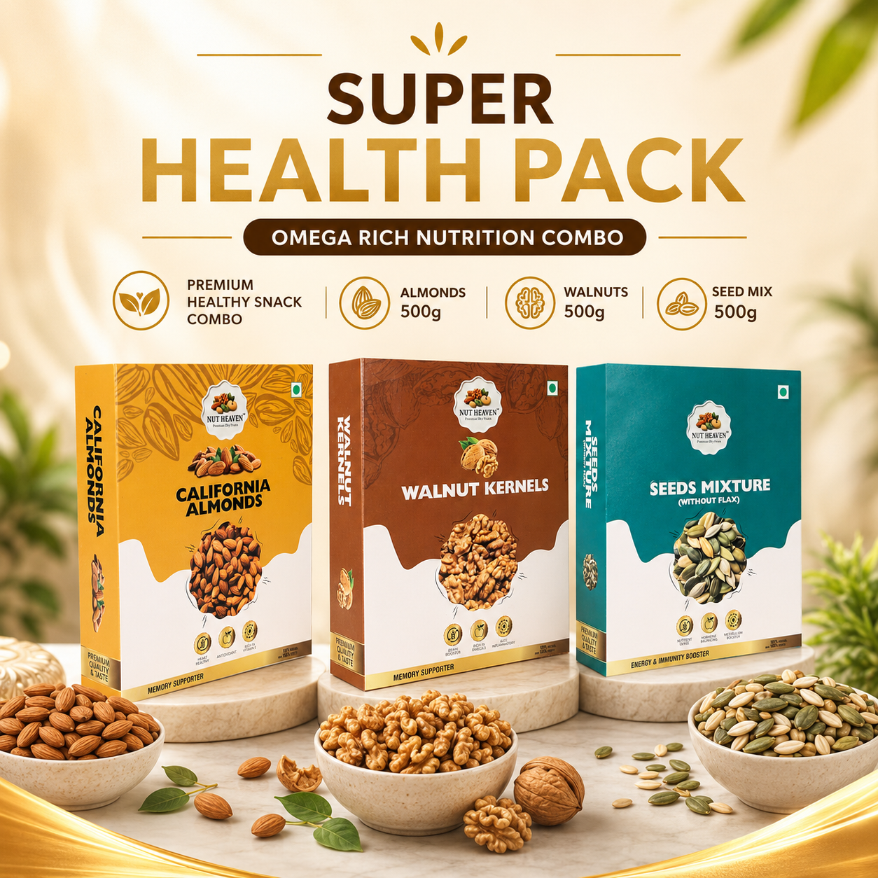 Nut Heaven Almonds 500g + Walnuts 500g + Seed Mix 500g | Super Health Pack | Omega Rich Nutrition Combo