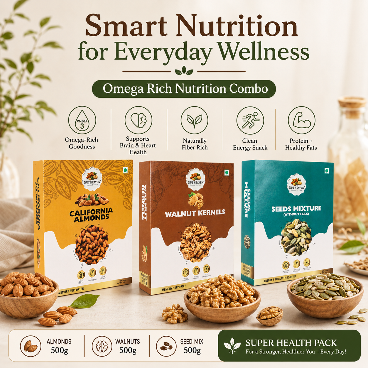 Nut Heaven Almonds 500g + Walnuts 500g + Seed Mix 500g | Super Health Pack | Omega Rich Nutrition Combo