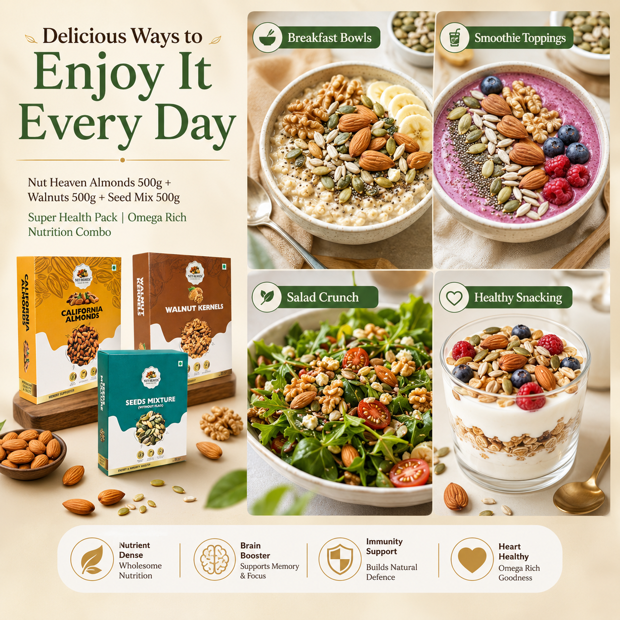 Nut Heaven Almonds 500g + Walnuts 500g + Seed Mix 500g | Super Health Pack | Omega Rich Nutrition Combo