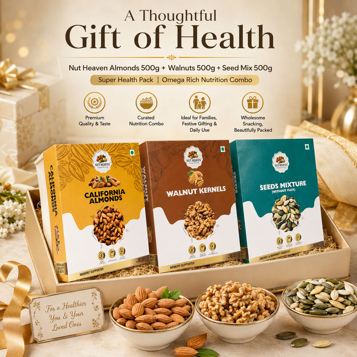 Nut Heaven Almonds 500g + Walnuts 500g + Seed Mix 500g | Super Health Pack | Omega Rich Nutrition Combo