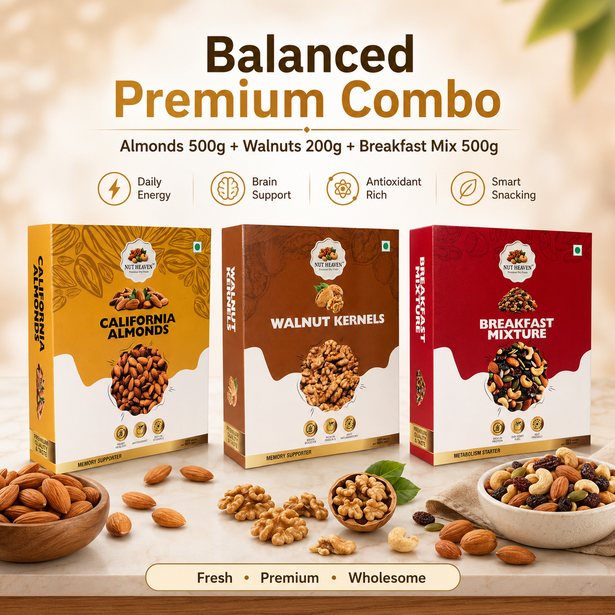 Nut Heaven Almonds 500g + Walnuts 200g + Breakfast Mix 500g | Balanced Premium Combo | Healthy Nutrition Pack
