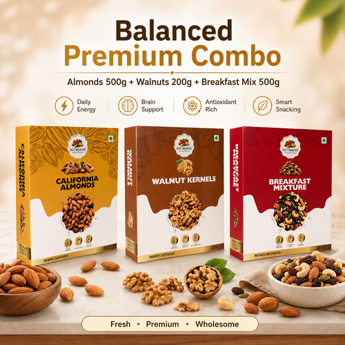Nut Heaven Almonds 500g + Walnuts 200g + Breakfast Mix 500g | Balanced Premium Combo | Healthy Nutrition Pack