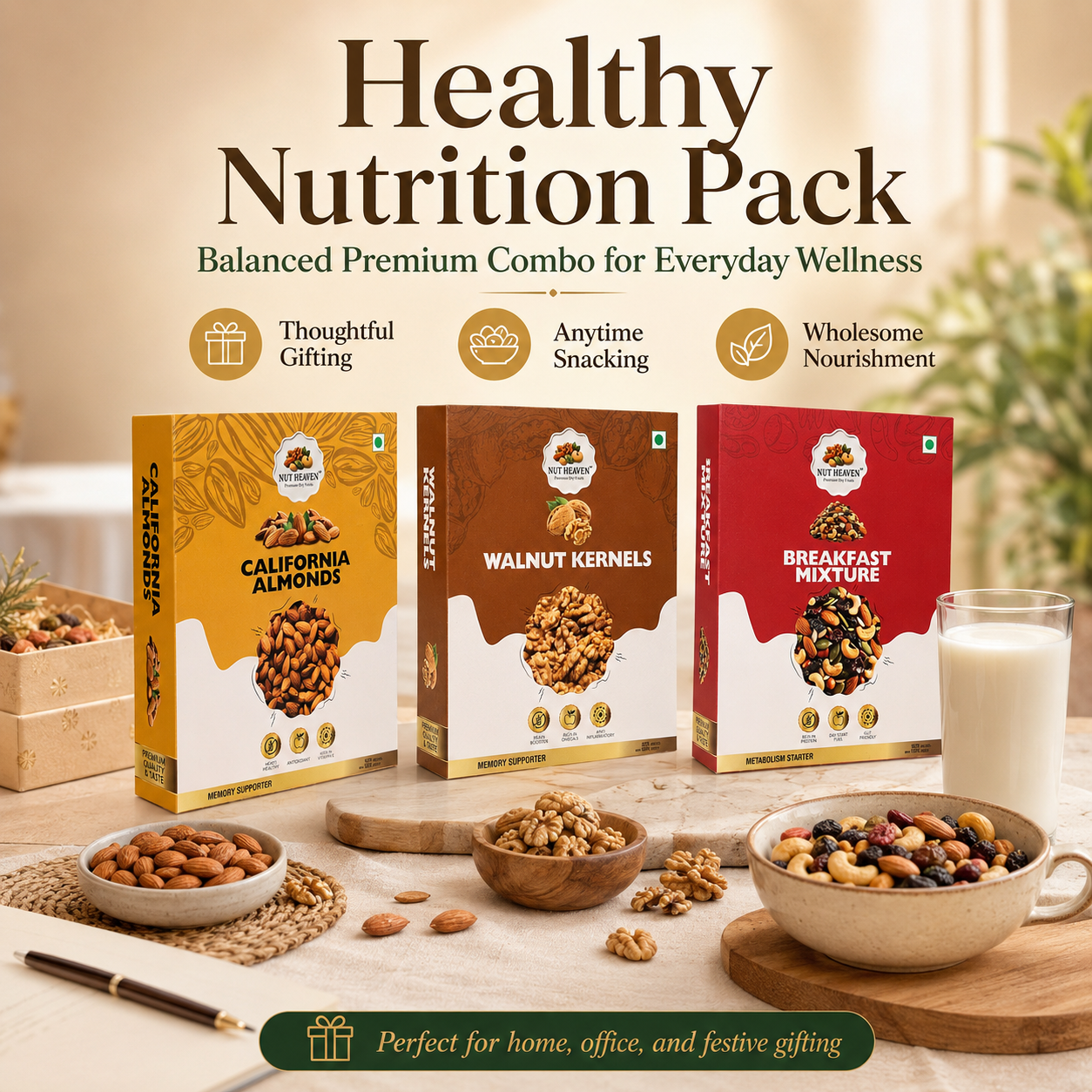 Nut Heaven Almonds 500g + Walnuts 200g + Breakfast Mix 500g | Balanced Premium Combo | Healthy Nutrition Pack