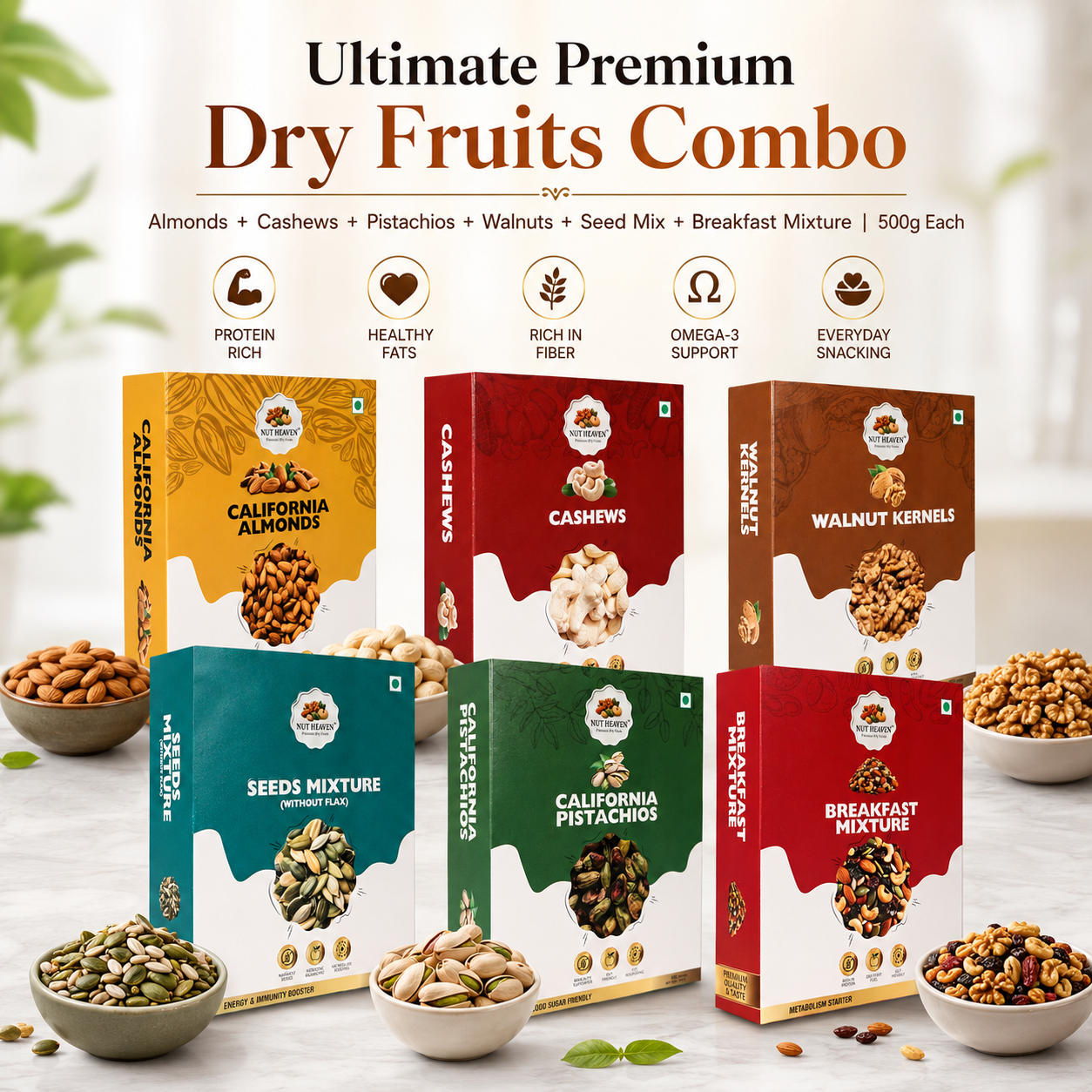 Nut Heaven Complete Nut Heaven Box | All 6 Products 500g Each | Ultimate Premium Dry Fruits Combo