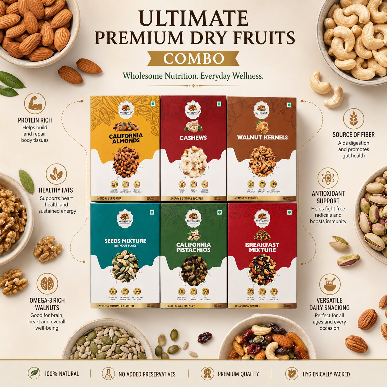 Nut Heaven Complete Nut Heaven Box | All 6 Products 500g Each | Ultimate Premium Dry Fruits Combo