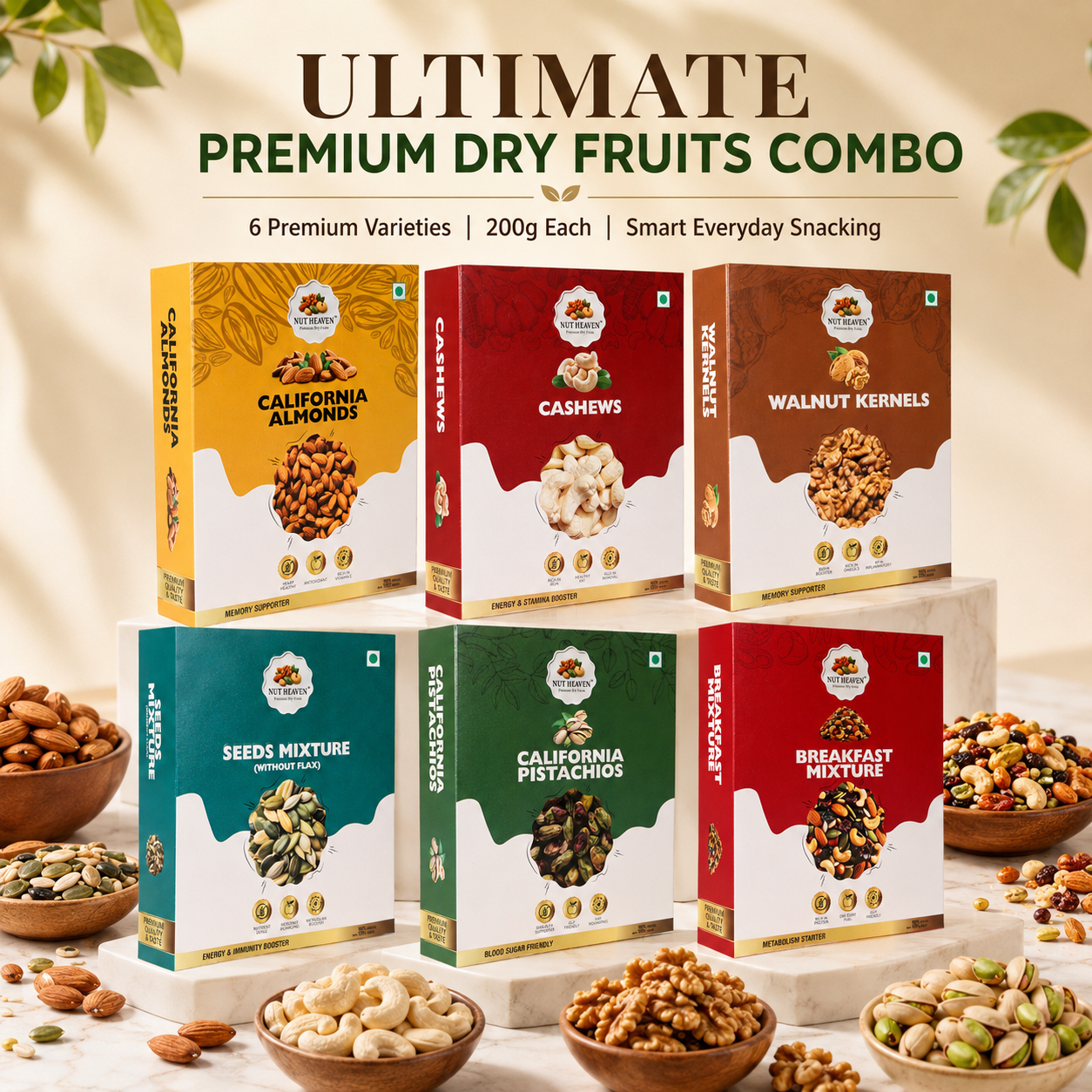 Nut Heaven Complete Nut Heaven Box | All 6 Products 200g Each | Healthy Dry Fruits Combo Pack
